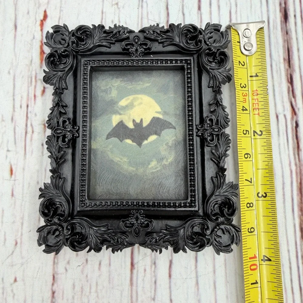 Gothic Bat Art Print Decoupaged Ornate Black Resin Frame Miniature Spooky Decor